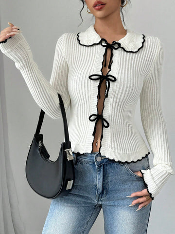 Contrast Bow Tie Ribbed Cardigan