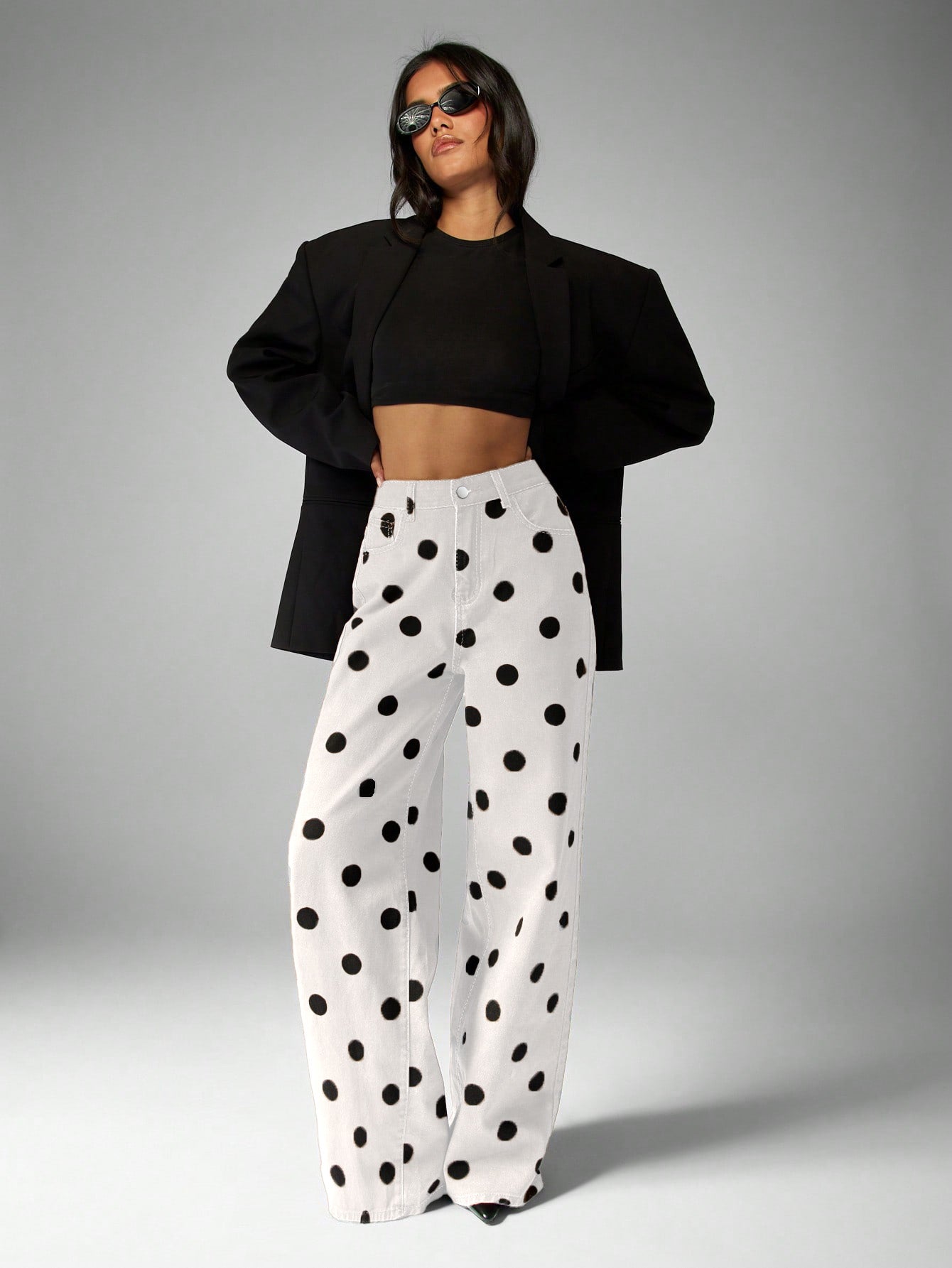 High Waisted Polka Dot Wide Leg Jeans