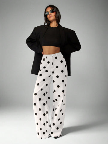 High Waisted Polka Dot Wide Leg Jeans