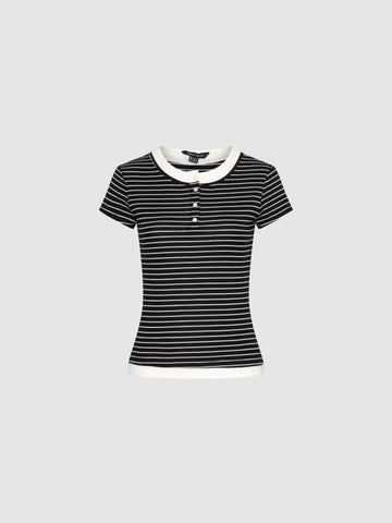 Henley Neck Contrast Striped Skinny-Fit T-Shirts