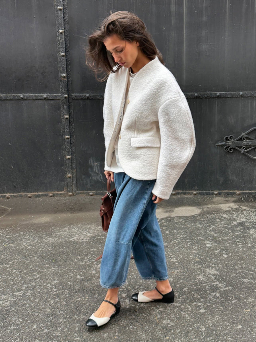 Textured Wool Blend Cropped Coat