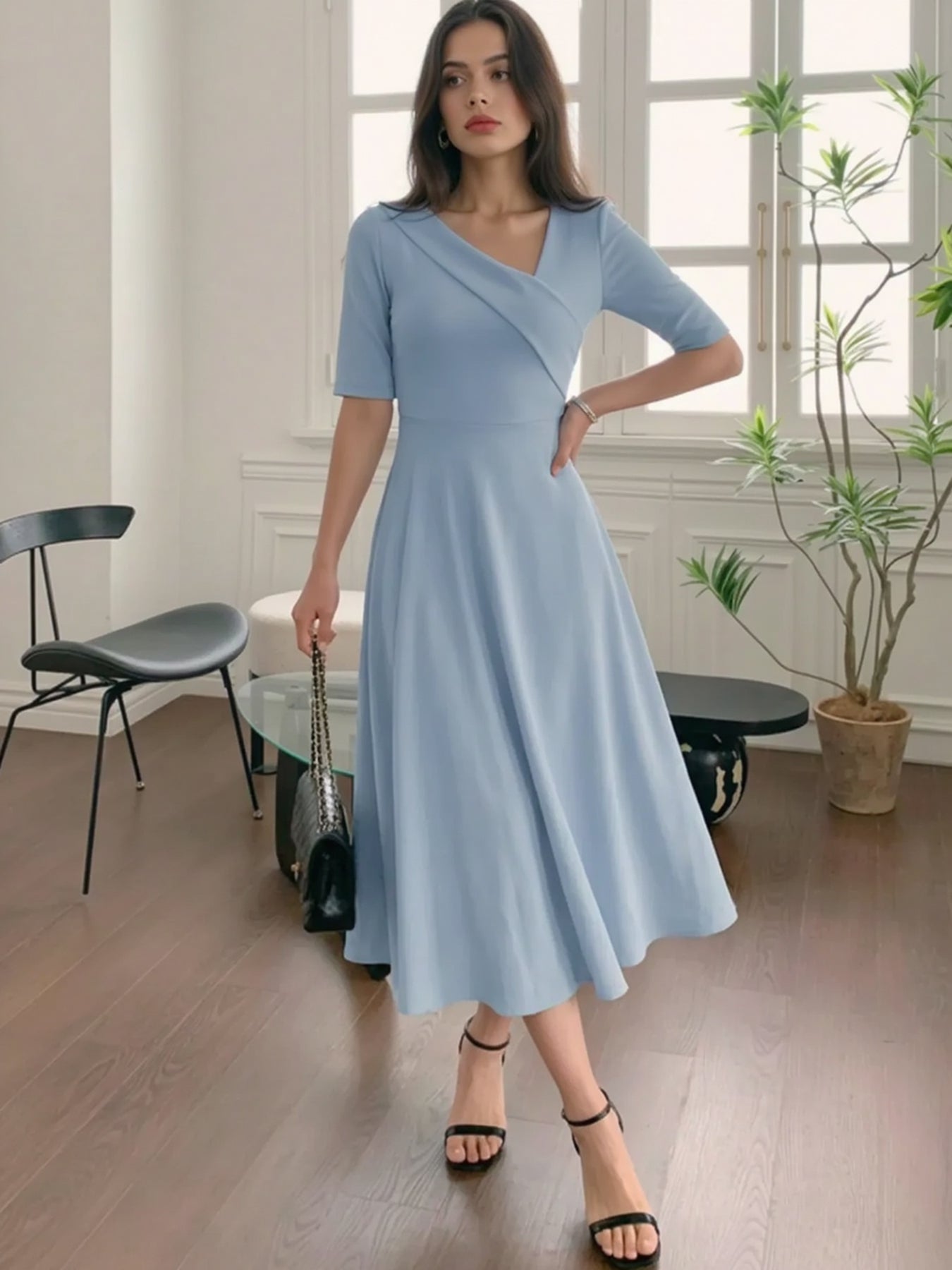 Elegant V Neck Midi Dress