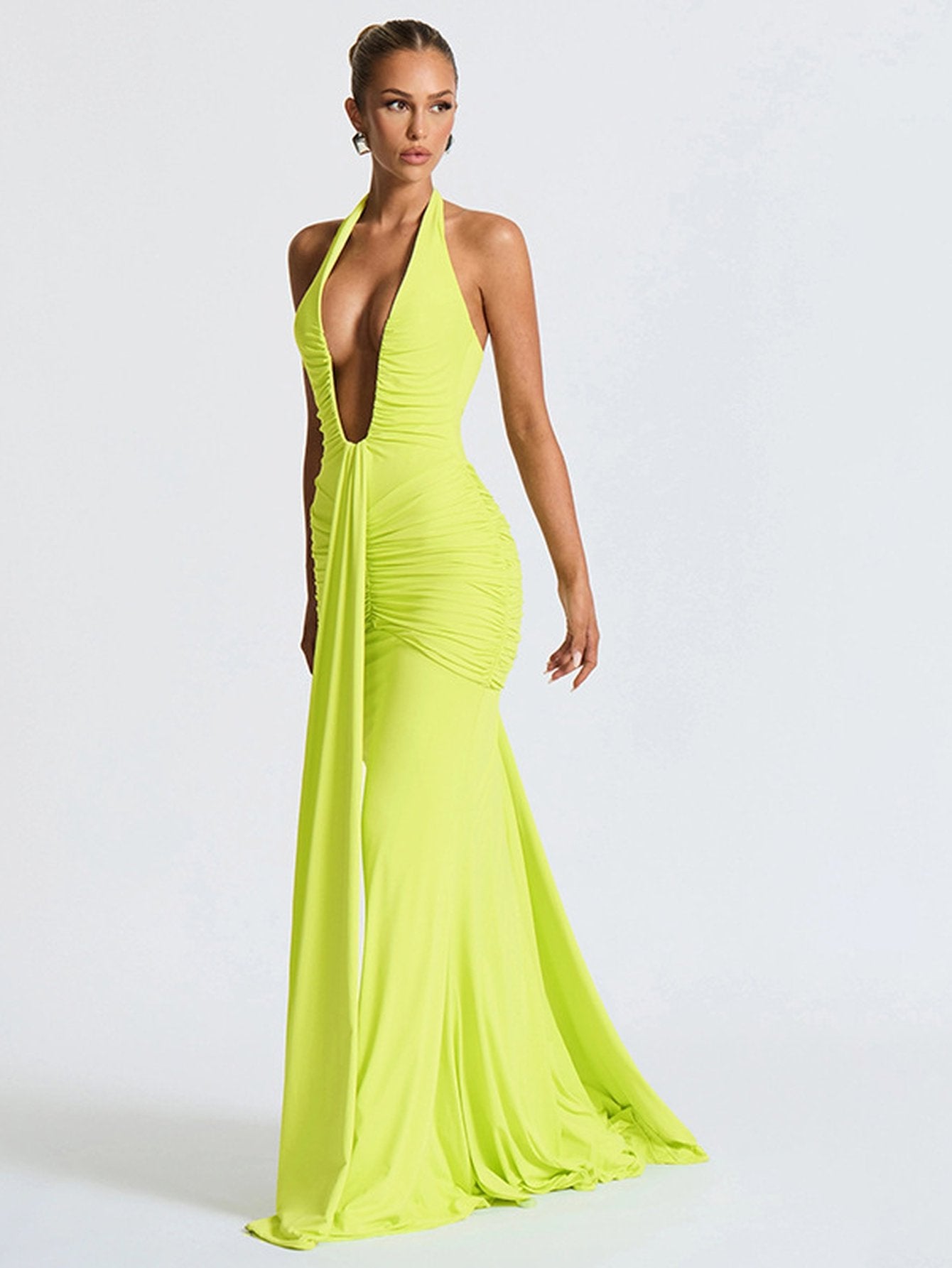 Plunging Neck Ruched Maxi Dress