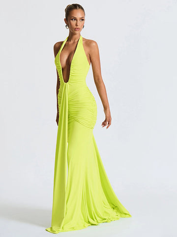 Plunging Neck Ruched Maxi Dress
