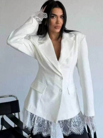 Elegant Lace Trim Fitted Blazer Jacket