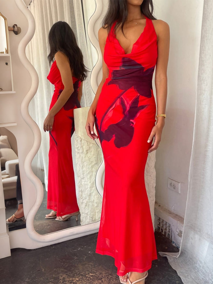 Satin Halter Floral Maxi Dress