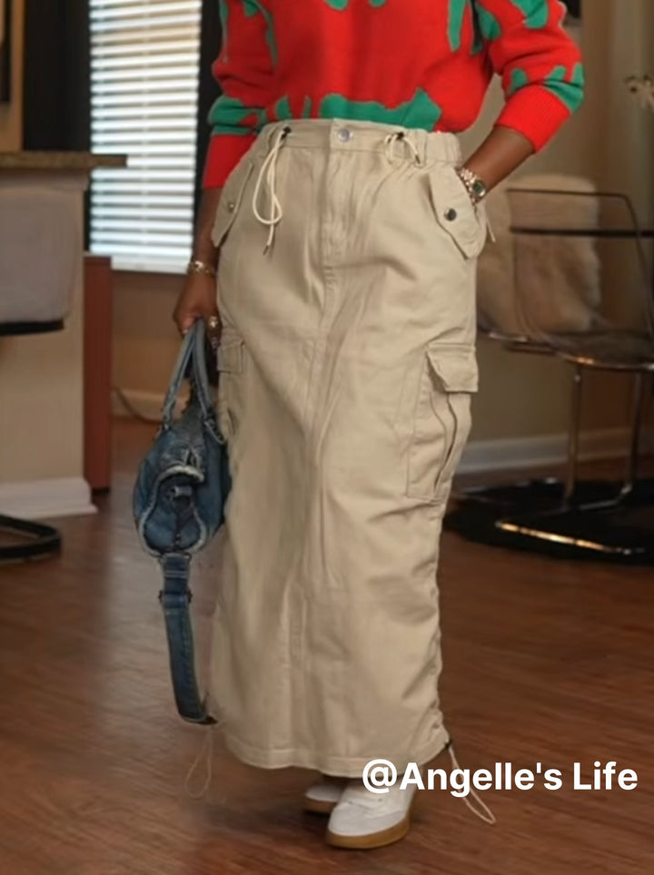 High Waisted Drawstring Denim Midi Skirt
