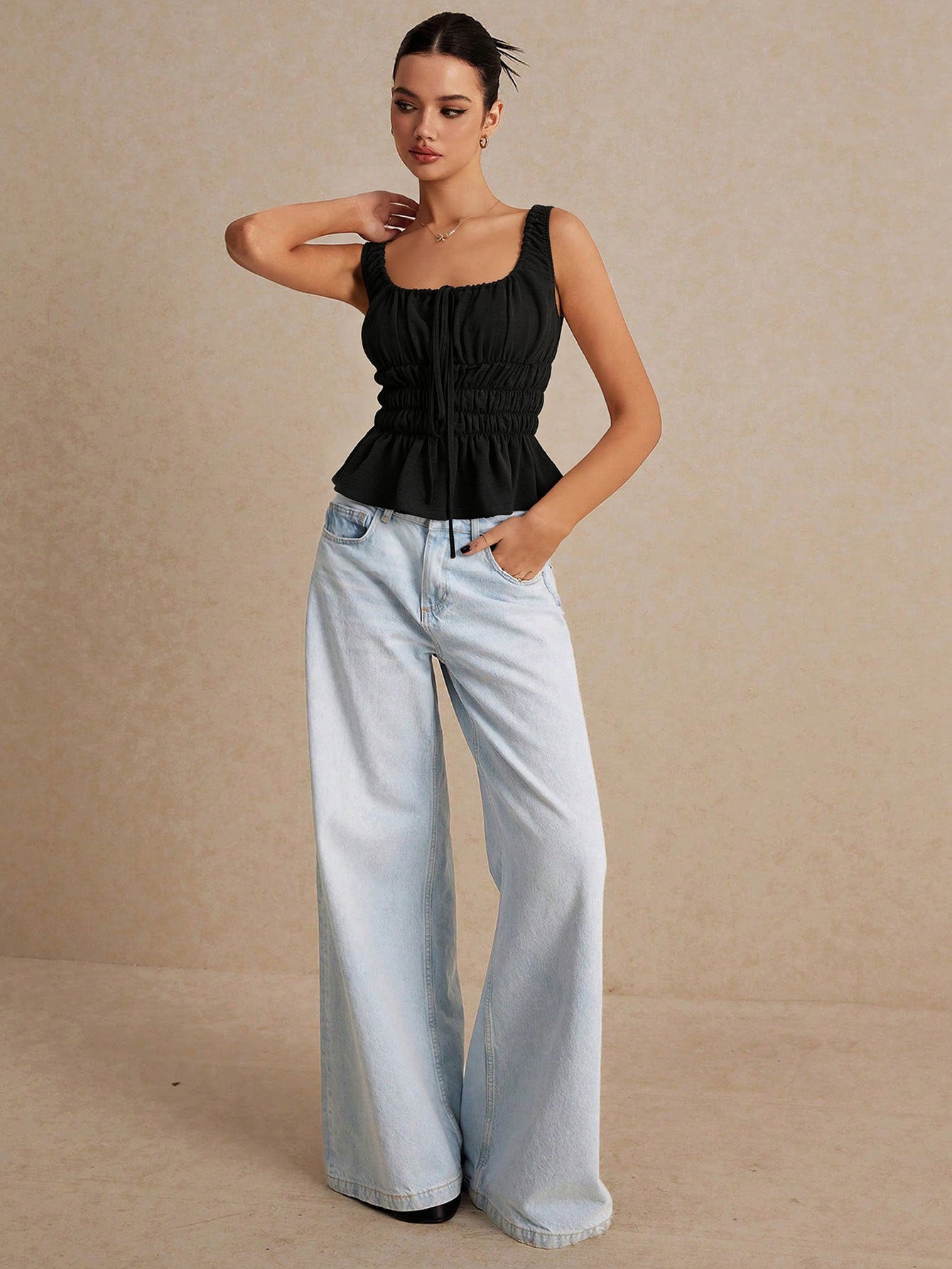 Smocked Square Neck Sleeveless Chiffon Top