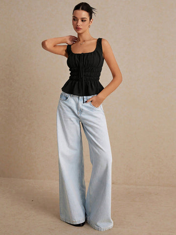 Smocked Square Neck Sleeveless Chiffon Top