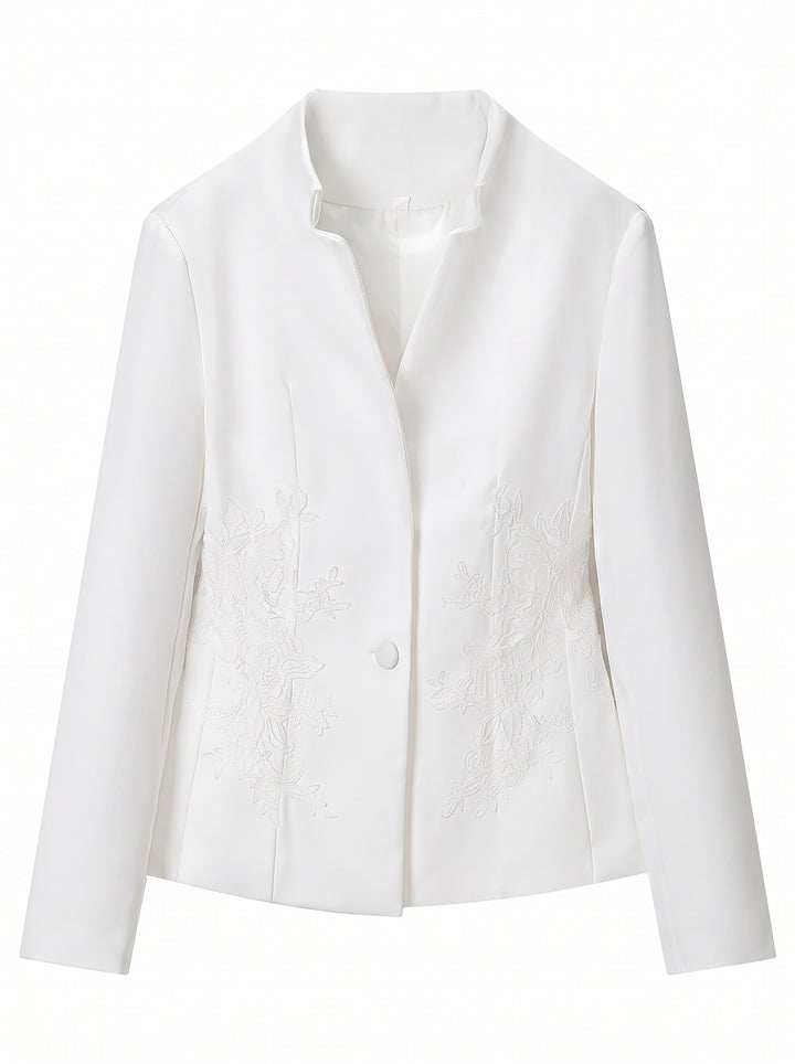 Elegant Floral Embroidered Stand Collar Blazer
