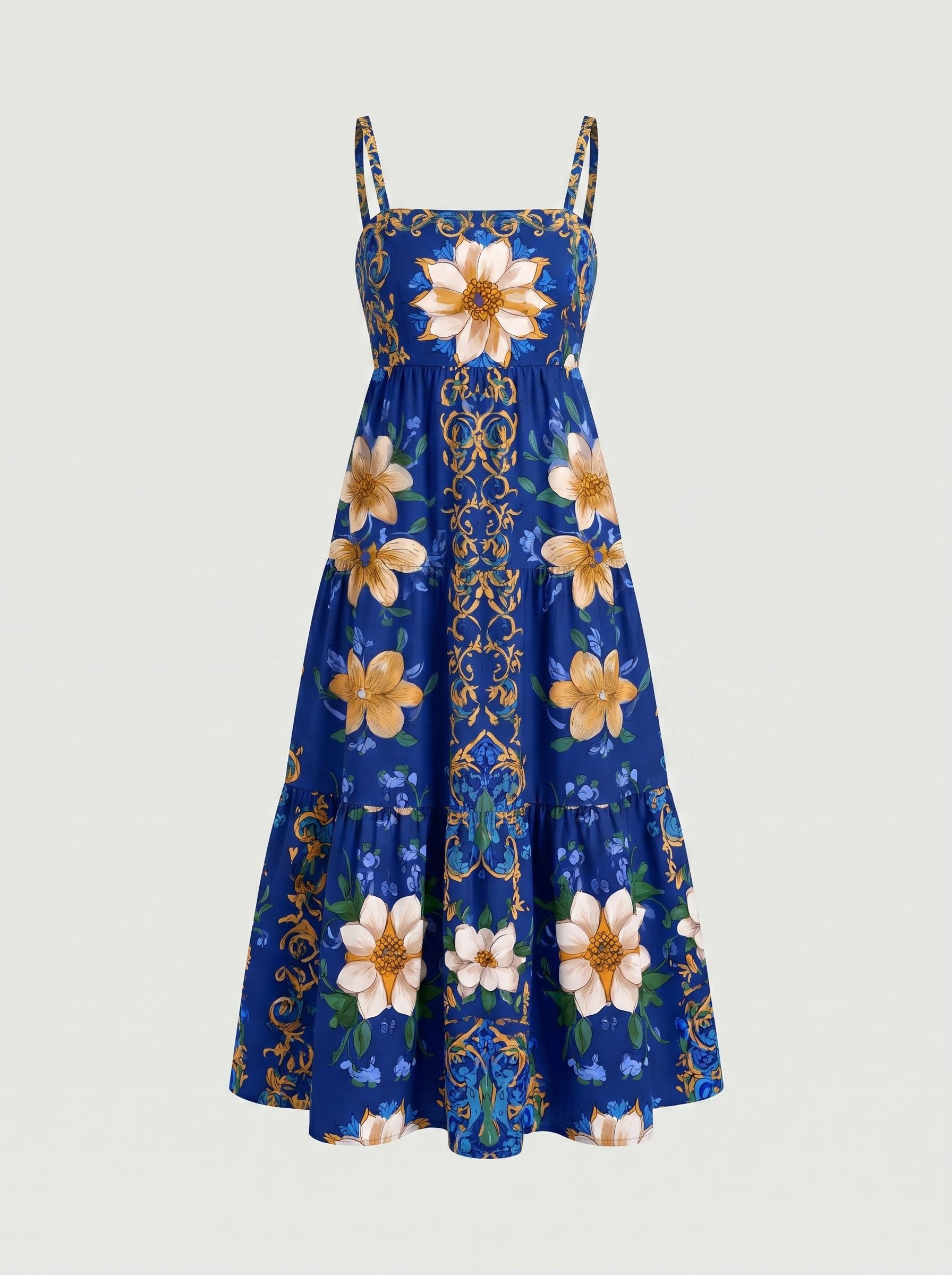 FLORA Floral Print Tiered Strap Midi Dress