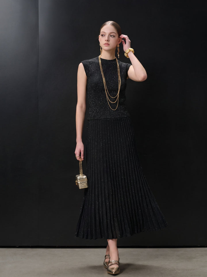 Metallic Shimmer Pleated Midi Skirt