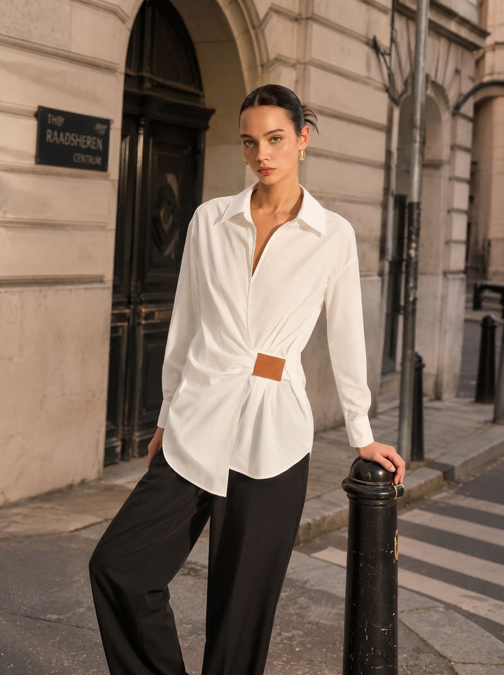 Elegant Ruched Waist Button Down Shirt
