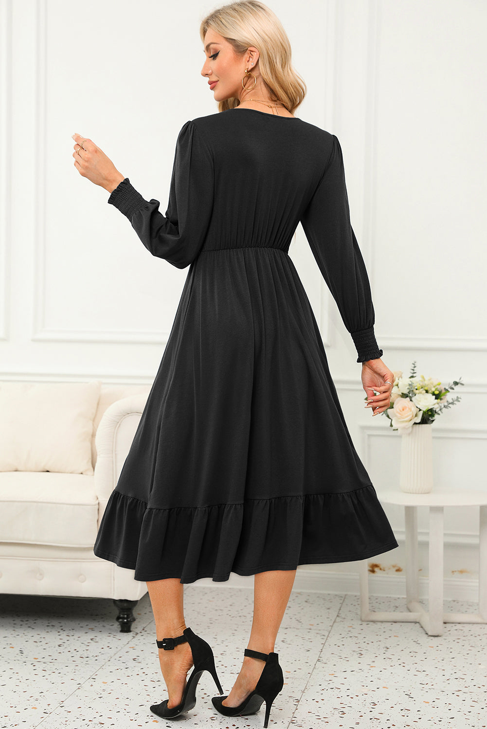 Twist Front Long Sleeve Midi Dress
