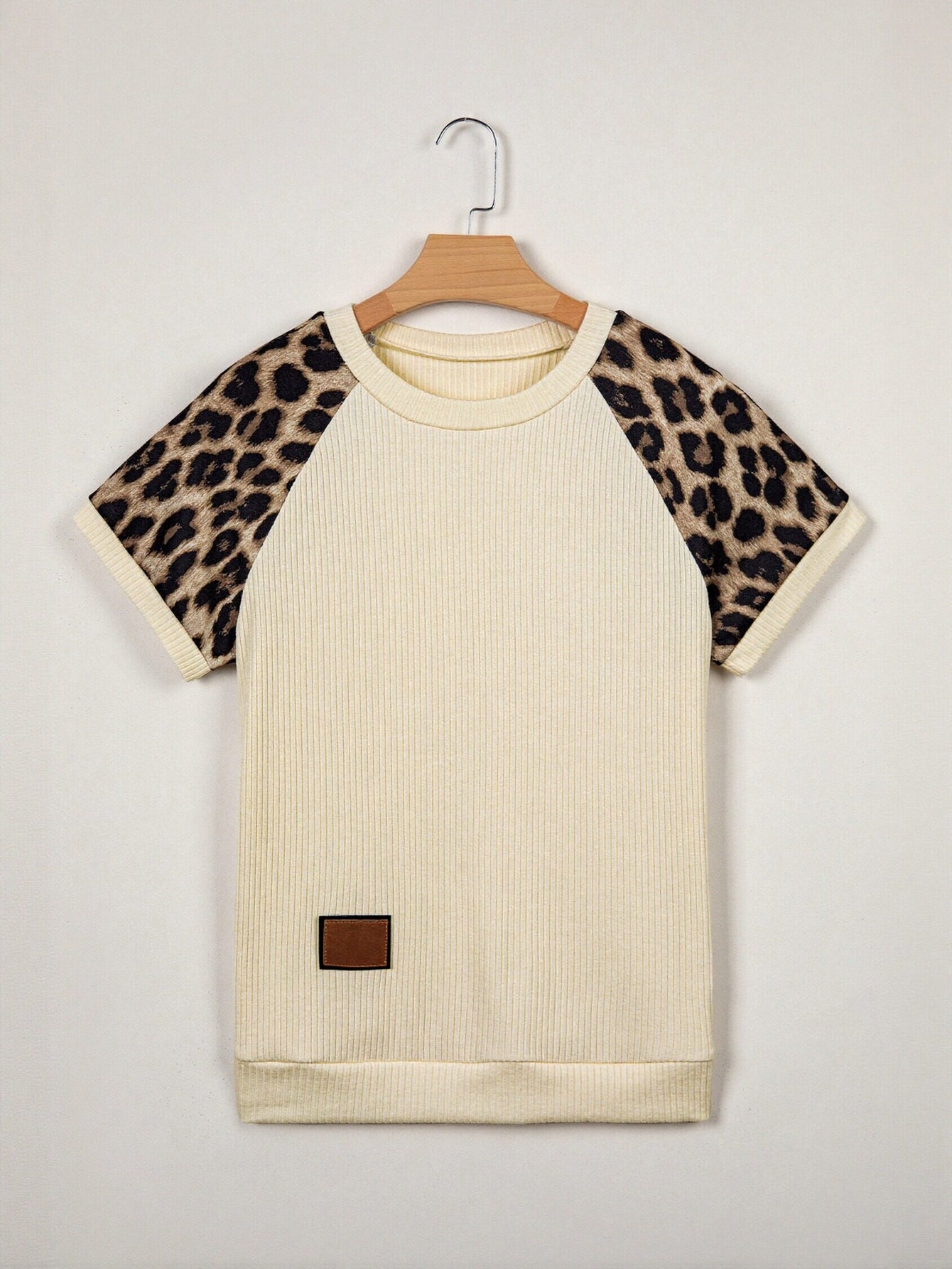 Leopard Print Ribbed Knit T Shirt
