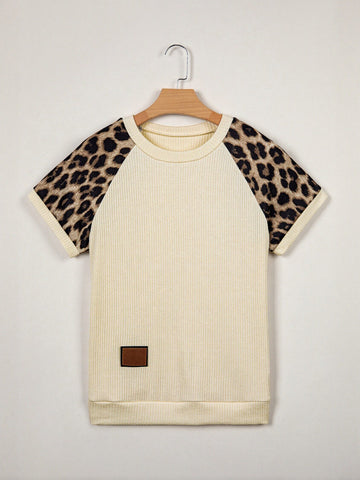 Leopard Print Ribbed Knit T Shirt