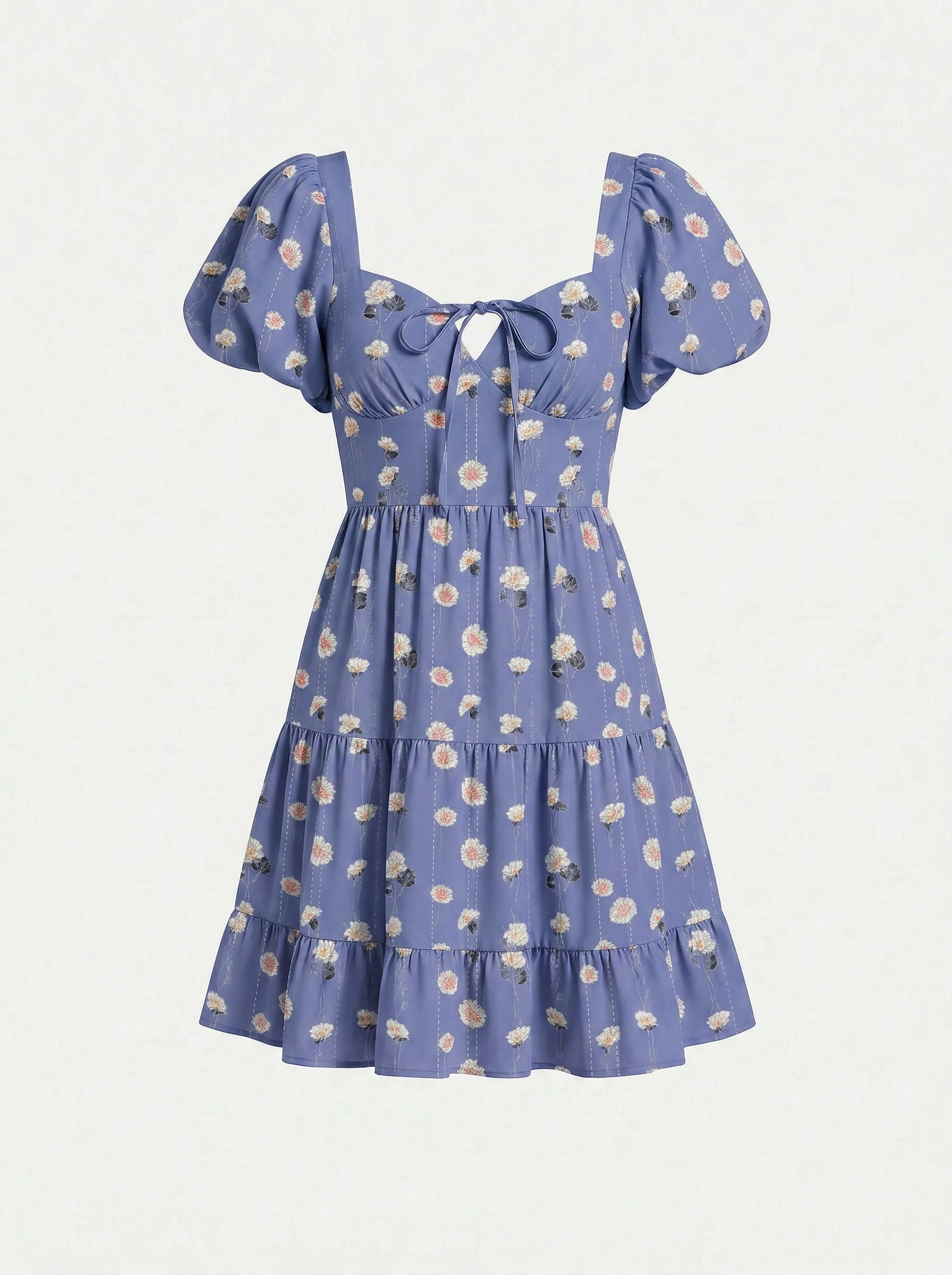 AYLA Floral Print Puff Sleeve Tiered Mini Dress