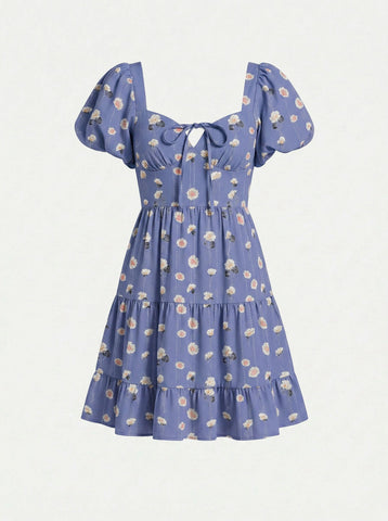 AYLA Floral Print Puff Sleeve Tiered Mini Dress