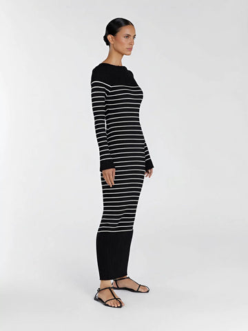 Striped Off Shoulder Ribbed Sweater Dress