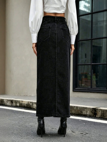 High Waisted Button Front Denim Maxi Skirt