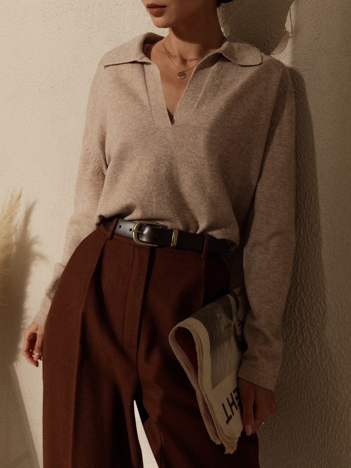 Soft Collared V Neck Knit Sweater