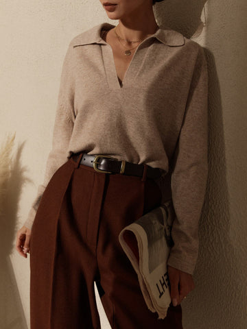Soft Collared V Neck Knit Sweater