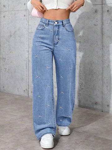 Embroidered Bow Wide Leg Jeans