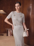 Embellished Metallic Knit Short Sleeve Sweater