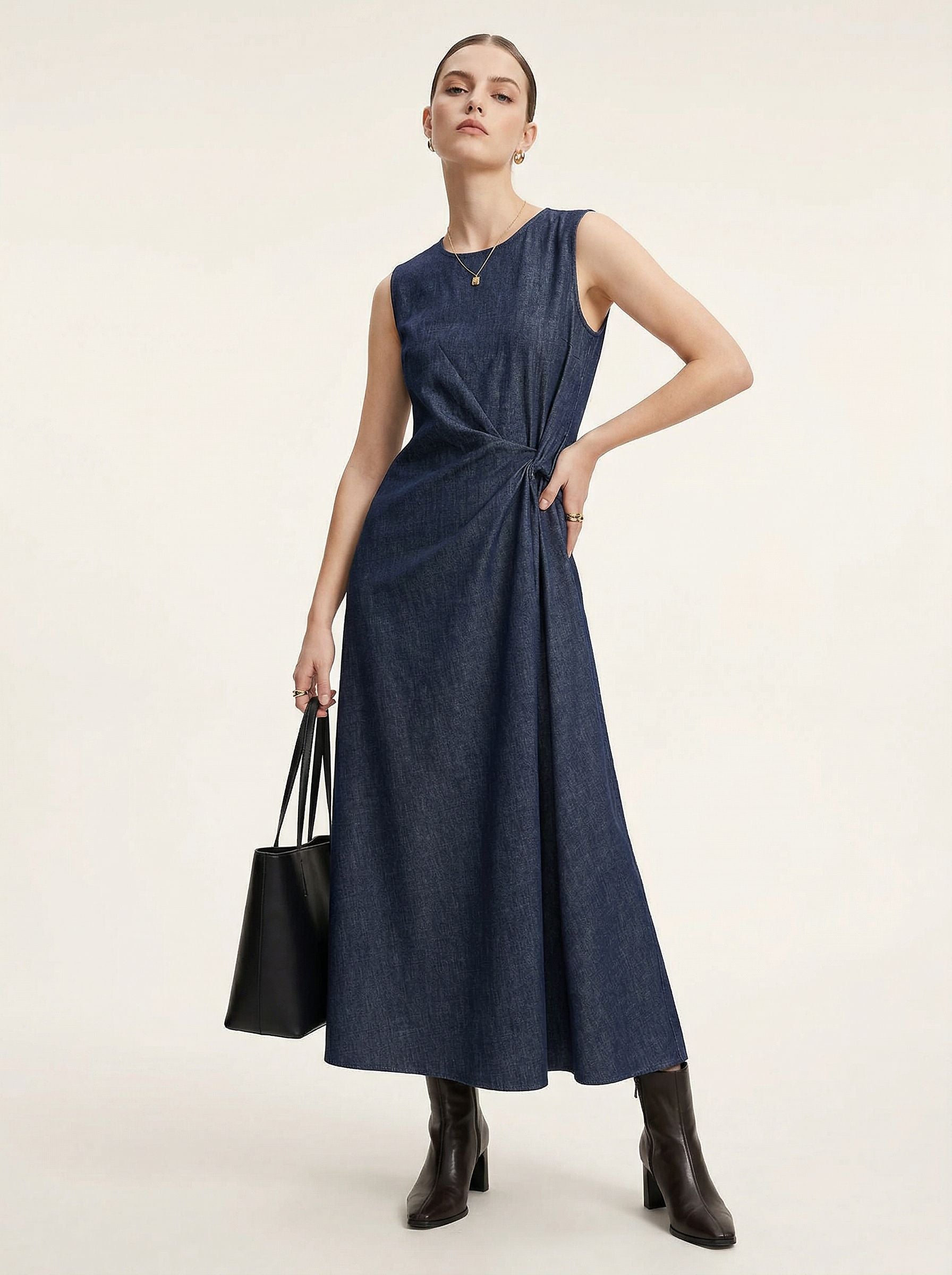 Urban Revivo Knot Front Sleeveless Denim Midi Dresses-Indigo