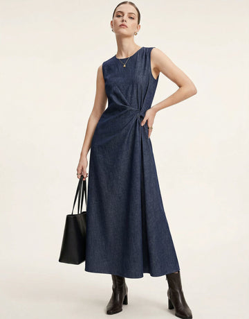 Urban Revivo Knot Front Sleeveless Denim Midi Dresses-Indigo