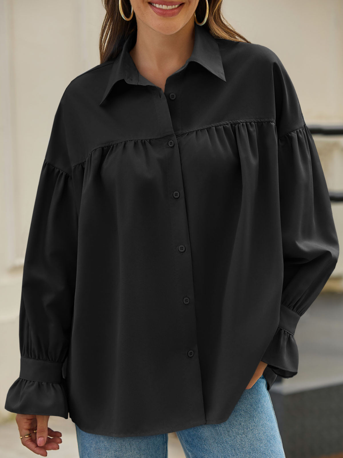 Oversized Puff Sleeve Button Down Shirt