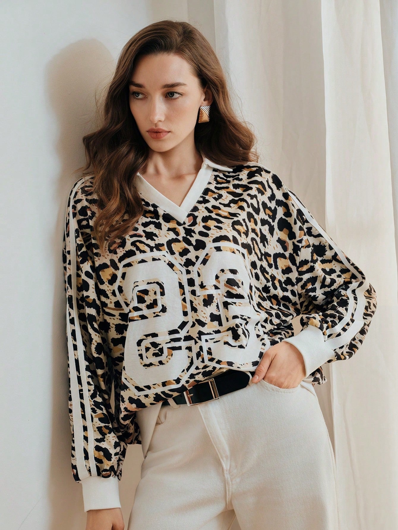 Leopard Print Varsity Striped Sweatshirt
