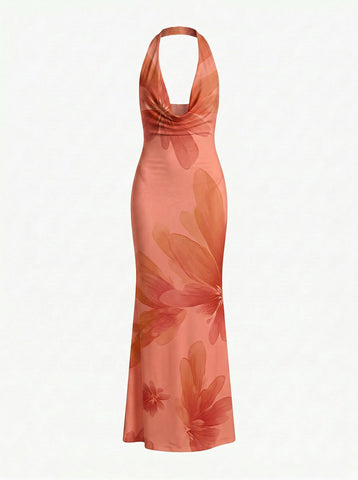 Floral Print Cowl Neck Bodycon Maxi Dress