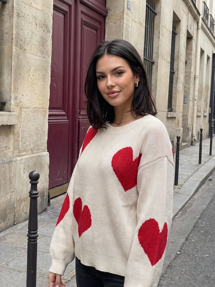 Oversized Heart Print Knit Sweater