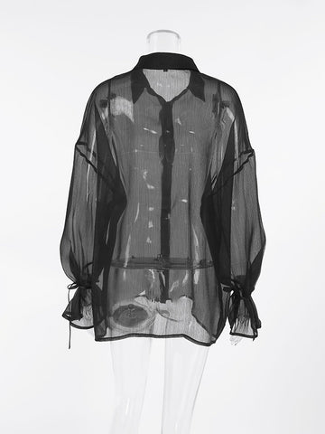 Sheer Balloon Sleeve Button Up Shirt