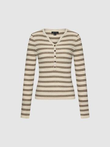 Urban Revivo Henley Neck Long Sleeve Knitted T-Shirts-Beige Stripes