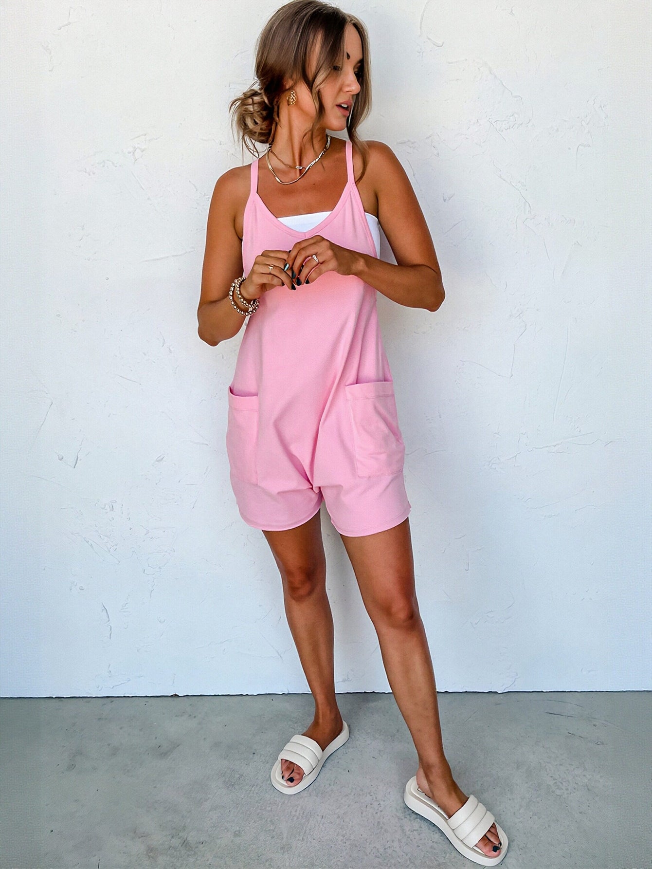 Casual V Neck Pocket Romper