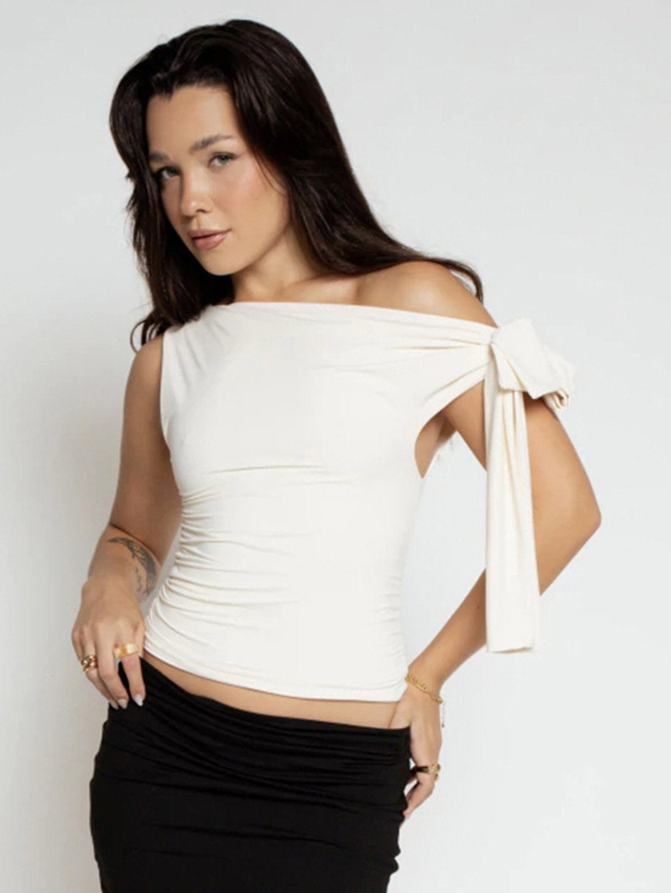 Elegant One Shoulder Tie Detail T-Shirt