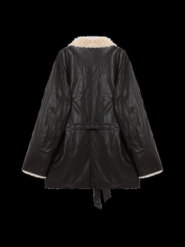 Oversized Faux Shearling Trim Leather Jacket