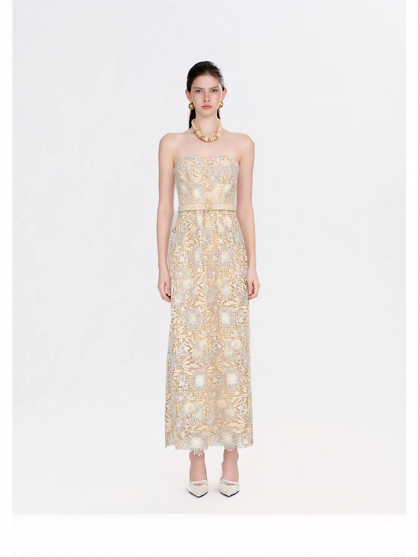 Strapless Floral Lace Belted Maxi Dress