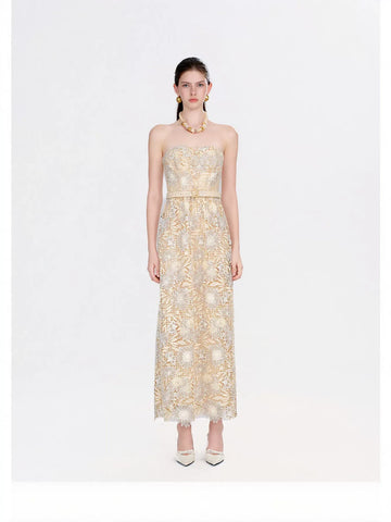 Strapless Floral Lace Belted Maxi Dress