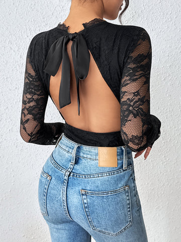 V Neck Sheer Lace Elegant Bodysuit