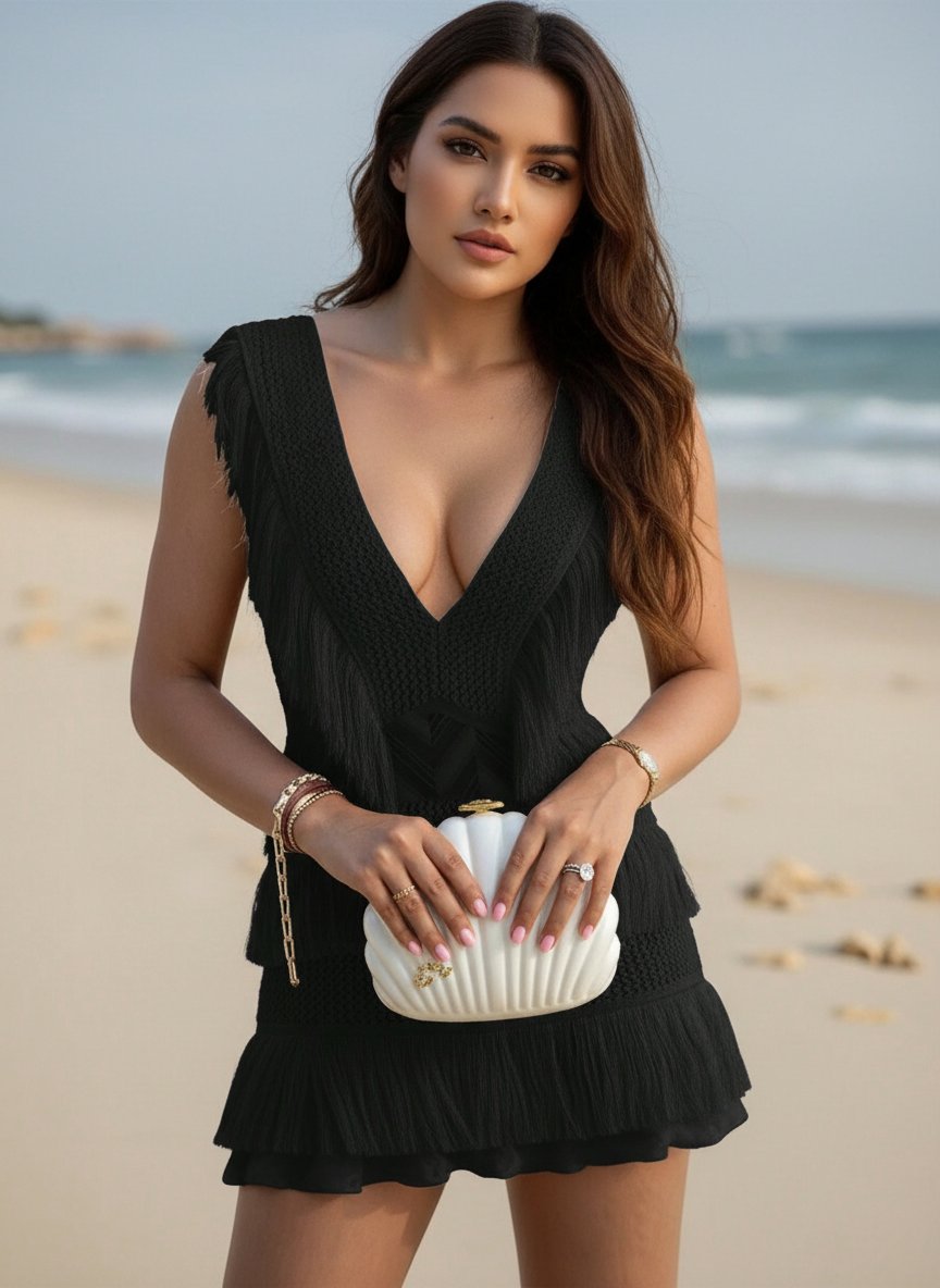 Frined V-Neck Sleeveless Sexy Mini Dress-Black