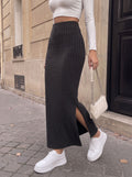 High Waisted Ribbed Slit Midi Skirt
