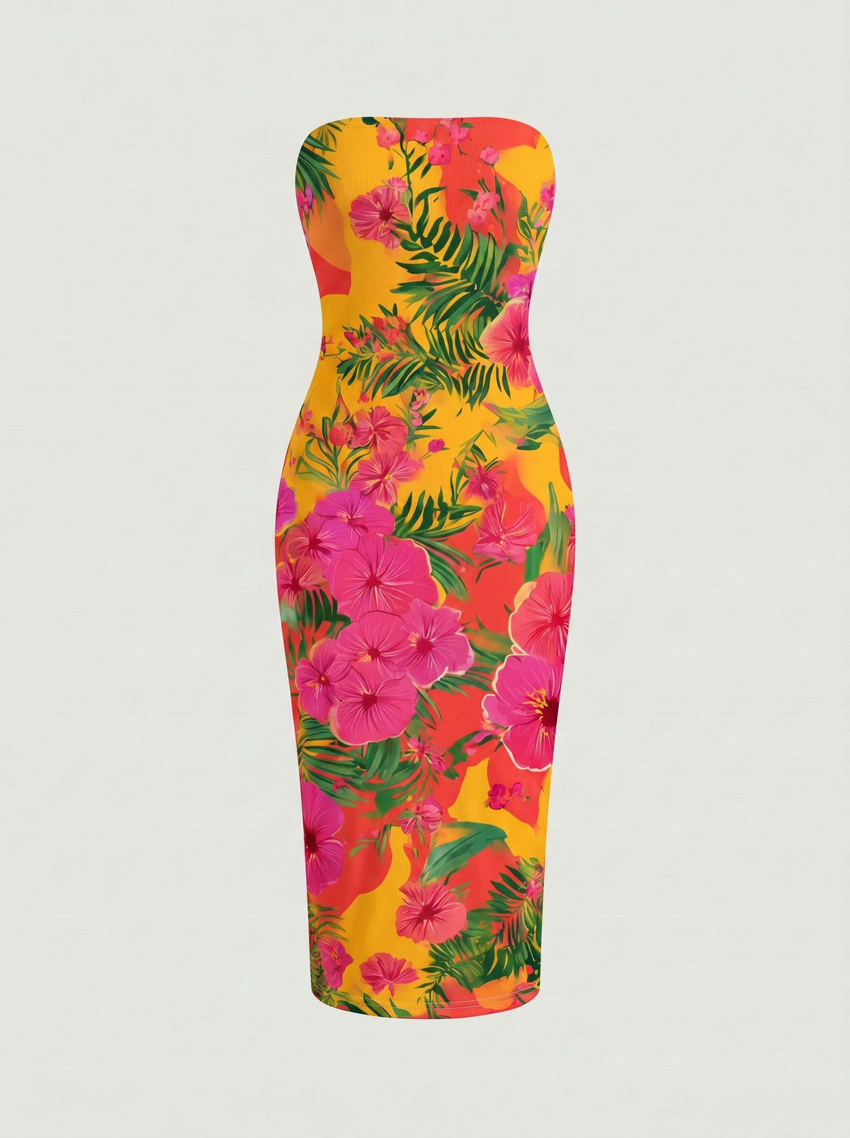 MAIA Tropical Hibiscus Print Strapless Sheath Midi Dress
