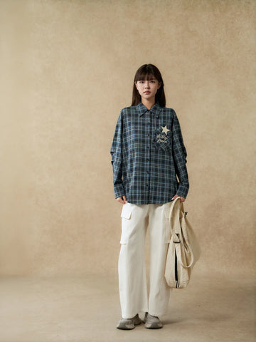 Oversized Plaid Star Embroidered Button Down Shirt