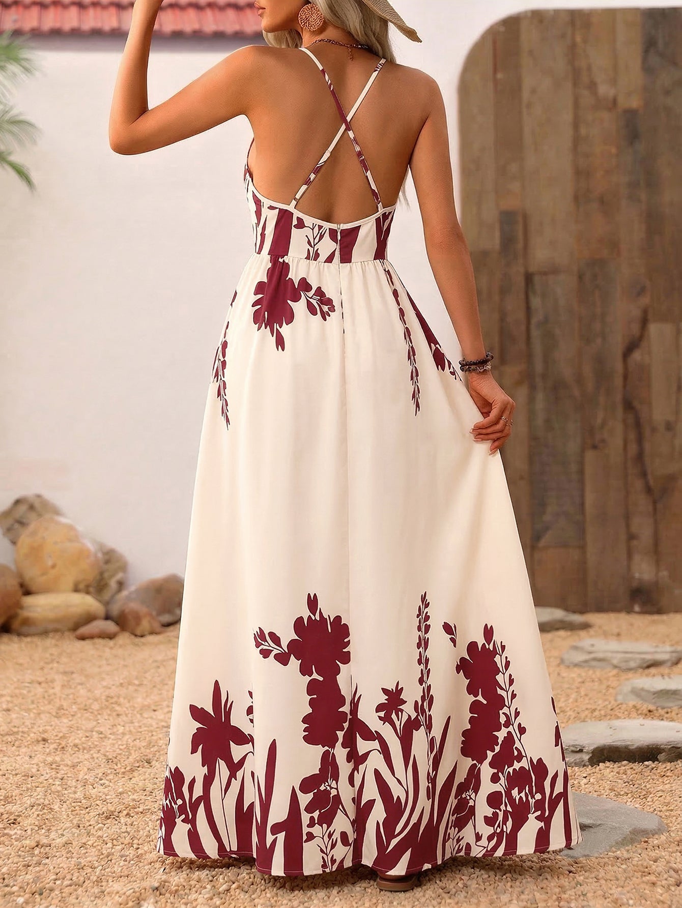 V Neck Floral Print Boho Maxi Dress