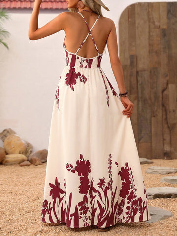 V Neck Floral Print Boho Maxi Dress
