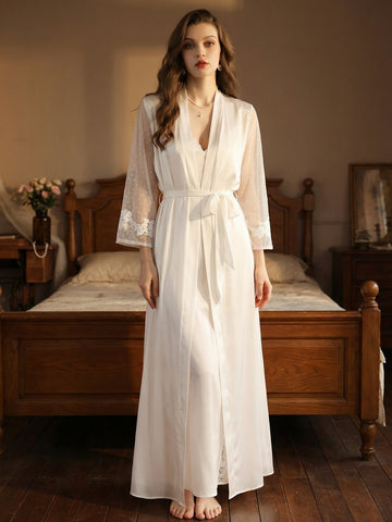 Long Satin Lace-Sleeve Elegant Robe