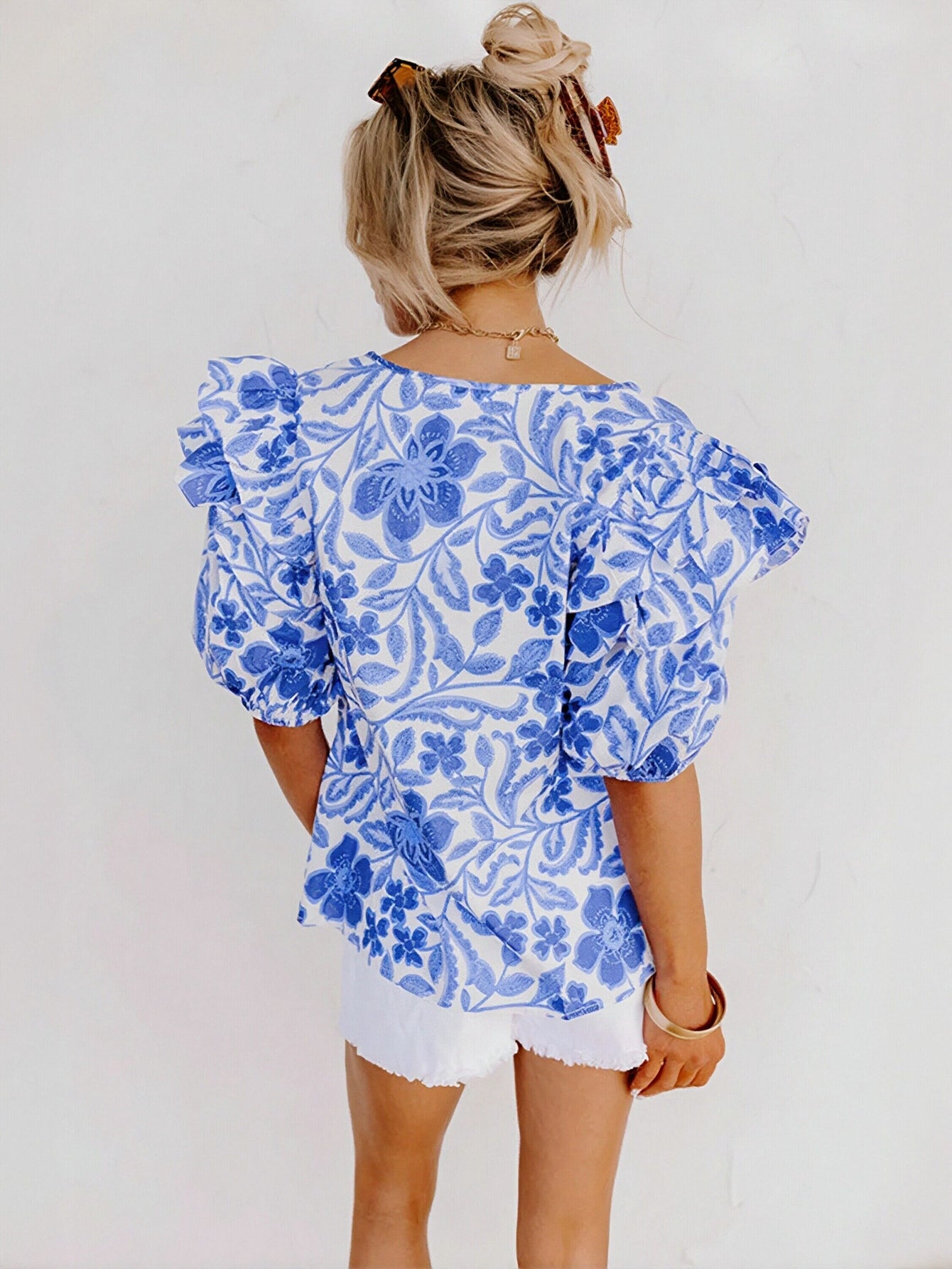 Blue Floral Puff Sleeve Blouse